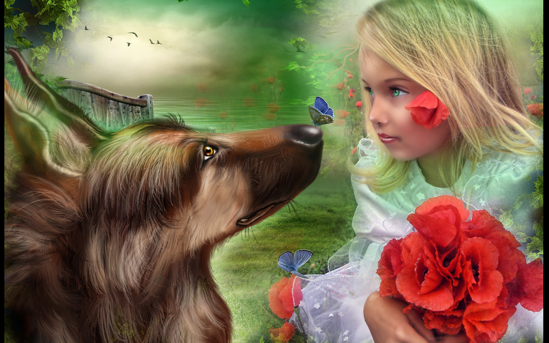 Mood, Flowers, Flower, Children, Child, Dogs, Dog, - Fantasy Girl Child , HD Wallpaper & Backgrounds