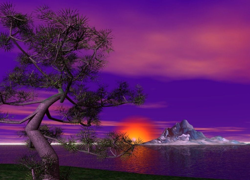 Island Sunset Purple Sky Pink Water Tree Glowing Hd - Sunset Purple And Island , HD Wallpaper & Backgrounds
