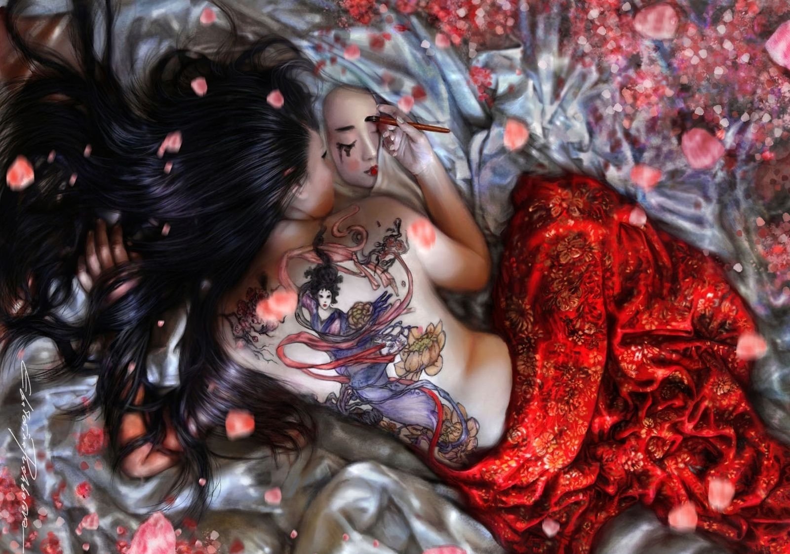 Gothic Artistic Women Japan Tattoo Wallpaper Hd Desktop - Tattoo Girl Art , HD Wallpaper & Backgrounds