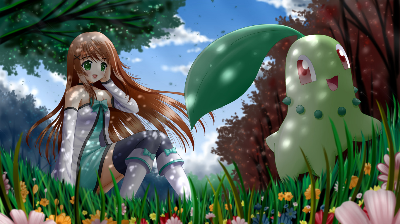 Is This Your First Heart - Pokemon Chikorita Anime Girl , HD Wallpaper & Backgrounds