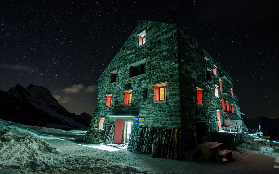 Building Snow Winter Night Stars Lodge Hd Wallpaper - Night , HD Wallpaper & Backgrounds