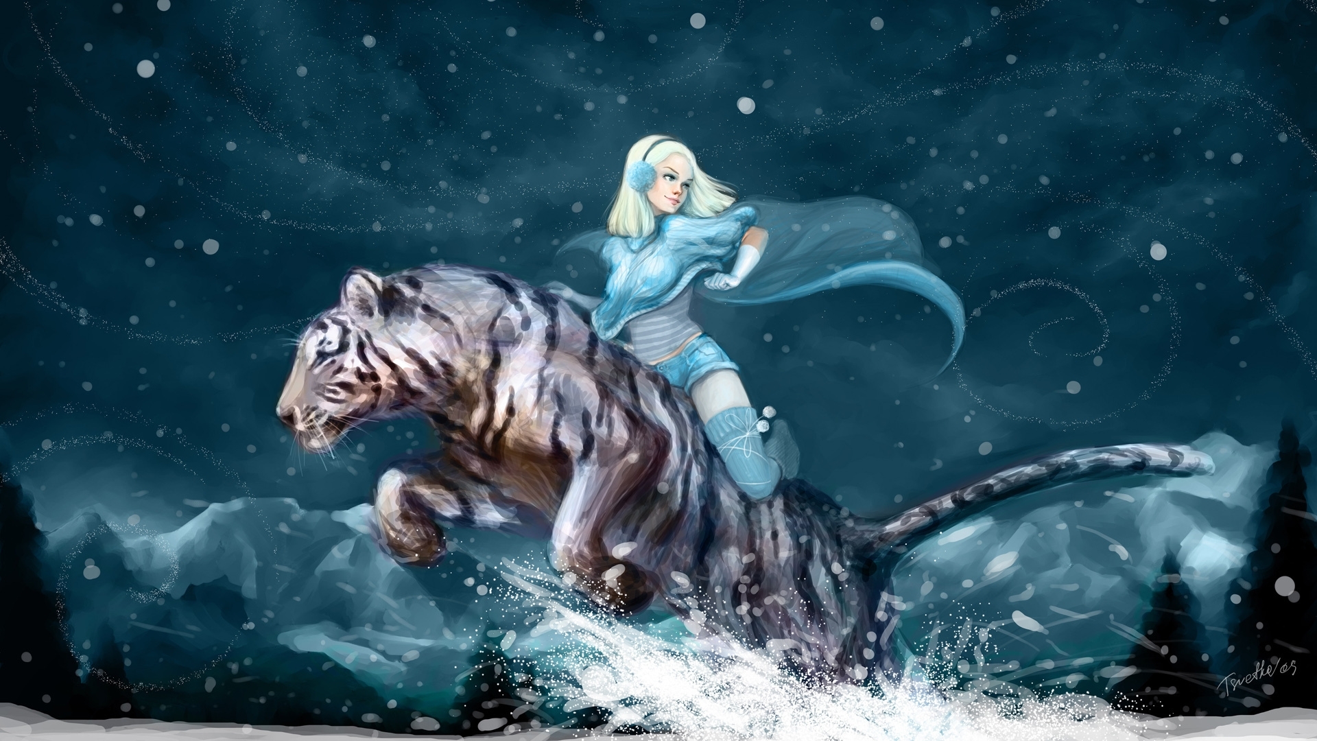 Download Tiger Snow Winter Girl Art Wallpaper , HD Wallpaper & Backgrounds