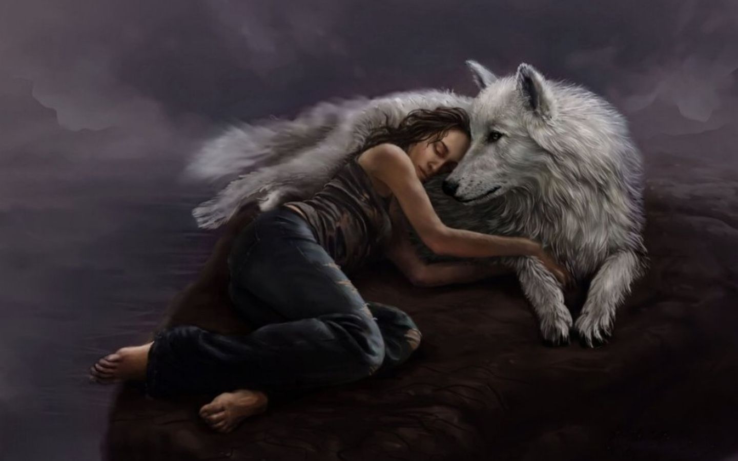 Download Fantasy Women Wallpaper/background Id - Wolf And Woman Love , HD Wallpaper & Backgrounds