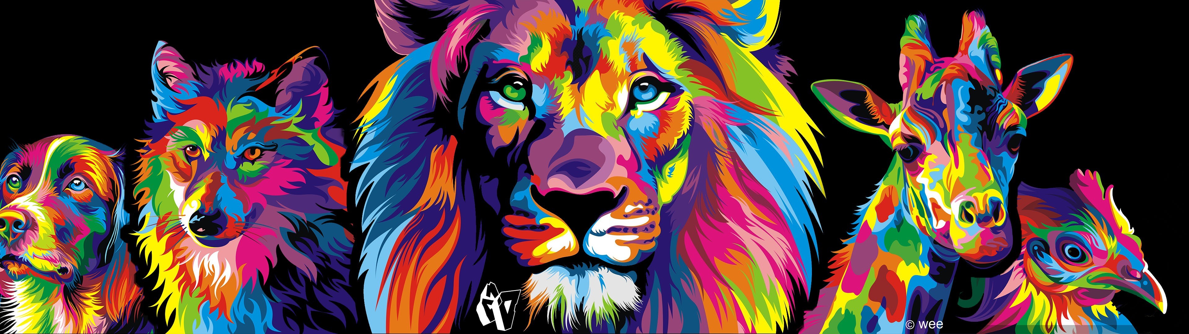Bunt Illustration Tiere Giraffen Lã¶we Hund Wolf Mehrfachanzeige - Colorful Lion , HD Wallpaper & Backgrounds