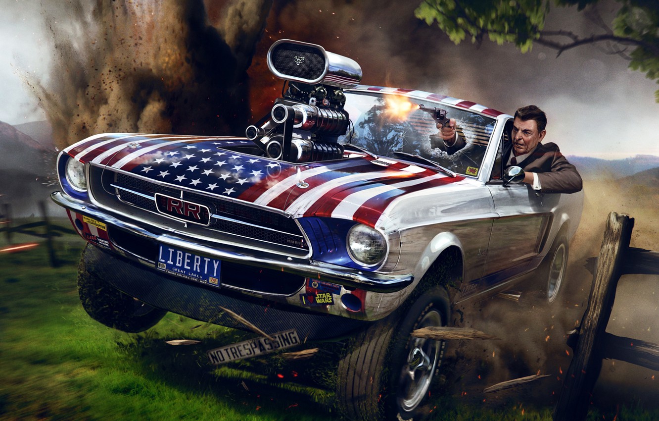 Photo Wallpaper The Explosion, Gun, Ford Mustang, Art, - Ronald Reagan Car , HD Wallpaper & Backgrounds