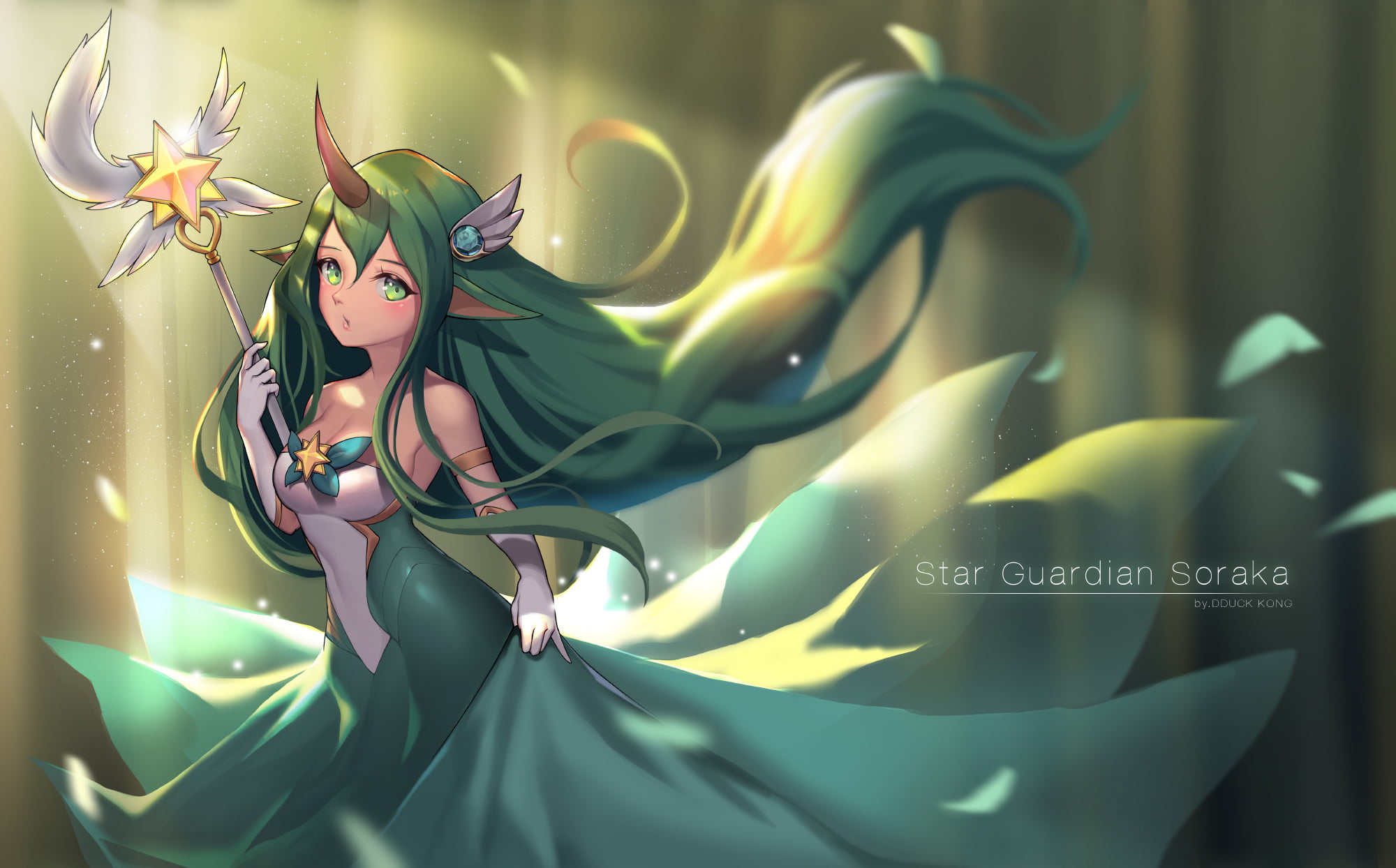 Soraka, League Of Legends, Green Hair, Staff, Artwork, - League Of Legends Soraka Star Guardian , HD Wallpaper & Backgrounds