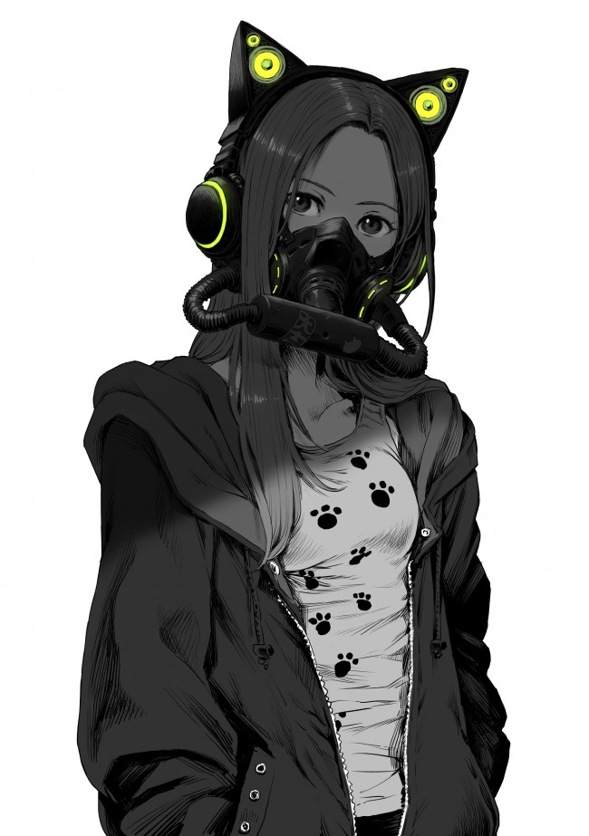 Wallpaper Anime Girl Mask Jacket Black And White Black And