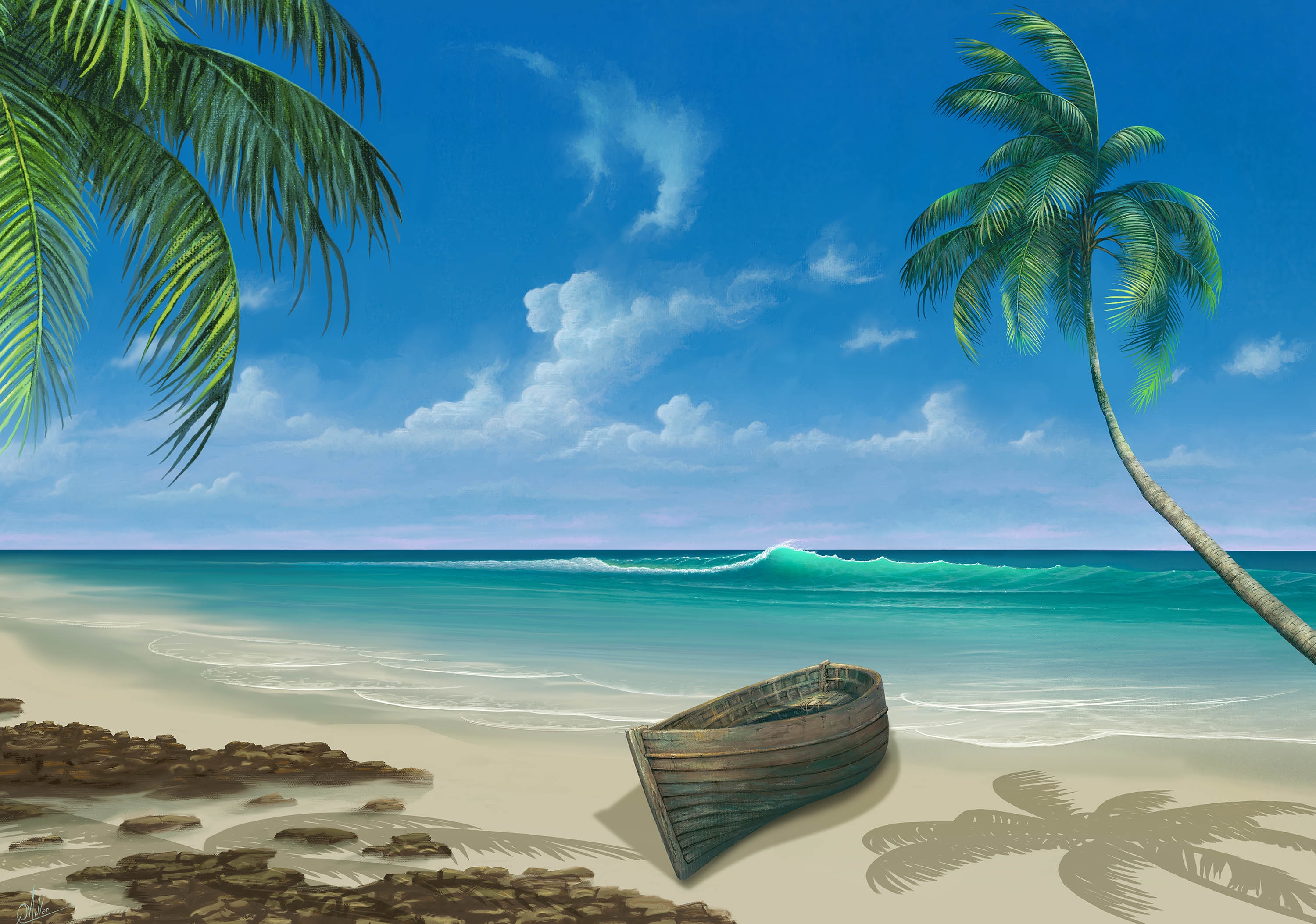 Palm Tree Boat Ocean Surf Art - Paradise Island In Davao , HD Wallpaper & Backgrounds