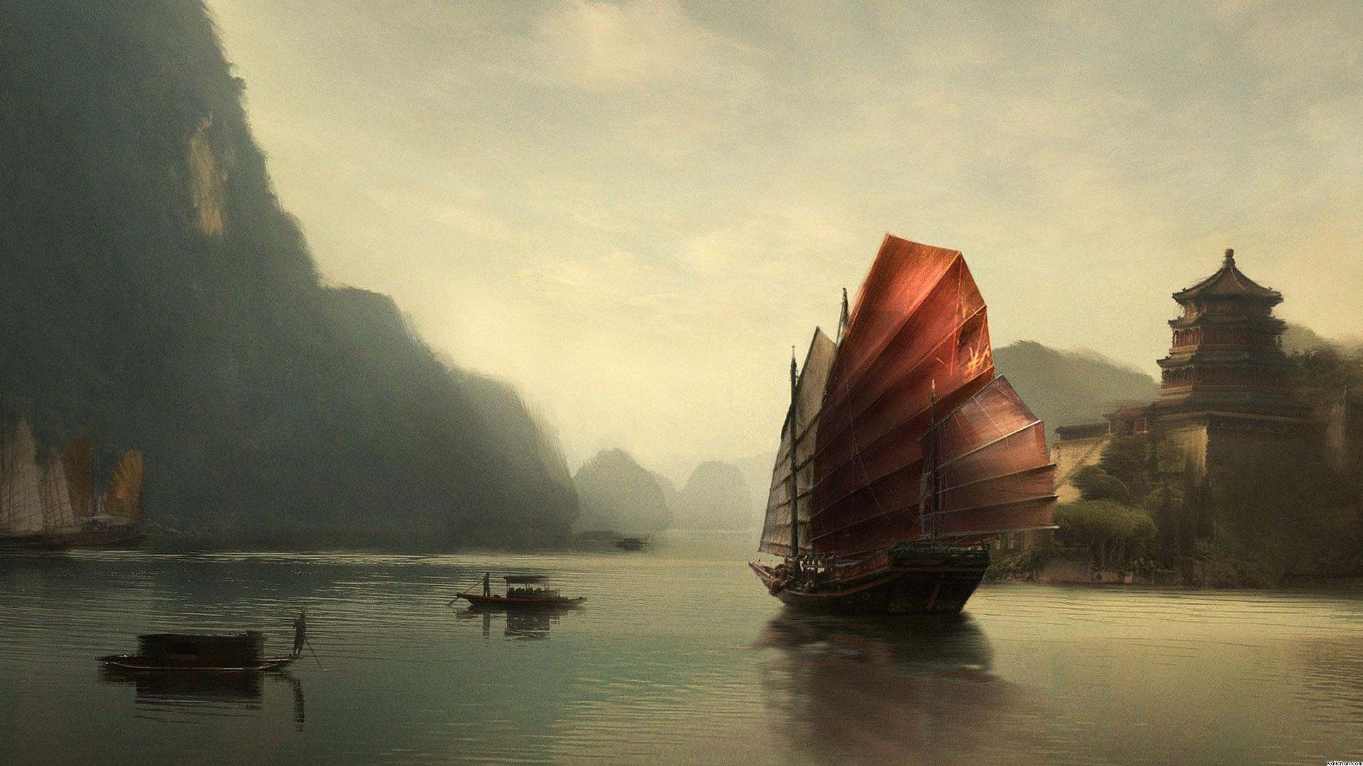 Chinese Landscape Wallpapers Group - Fantasy Riverboat , HD Wallpaper & Backgrounds
