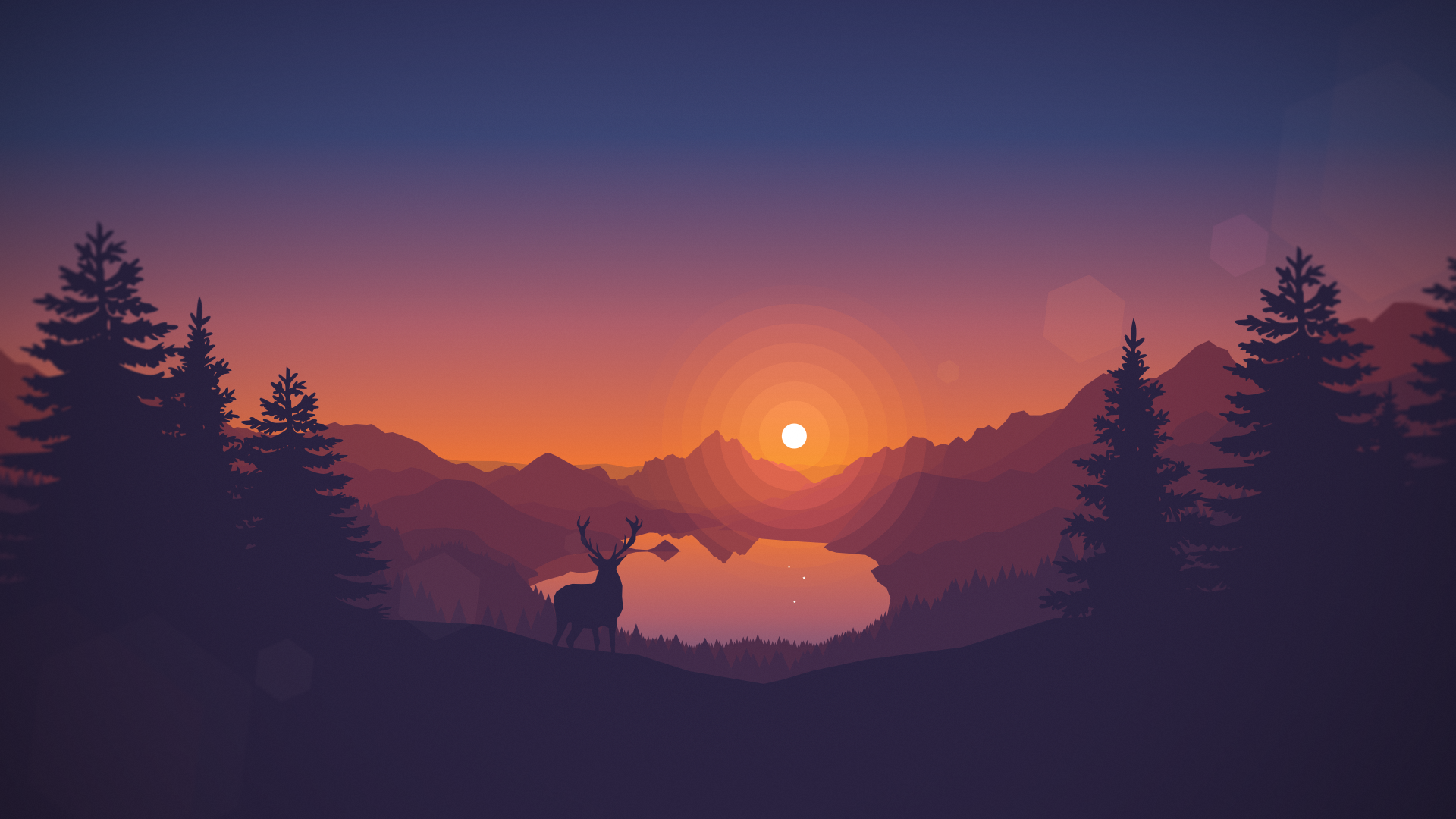 General Sunset Drawing Animals Lake Landscape Deer - Vector Landscape , HD Wallpaper & Backgrounds