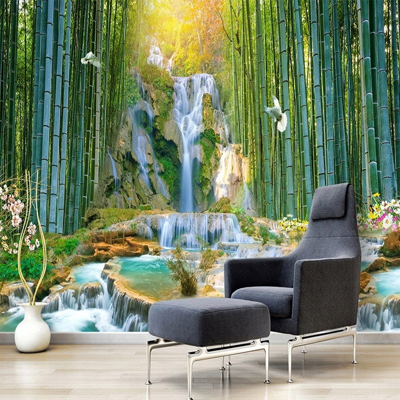Custom Mural Wallpaper Bamboo Forest Waterfall 3d Scenery - Mural , HD Wallpaper & Backgrounds