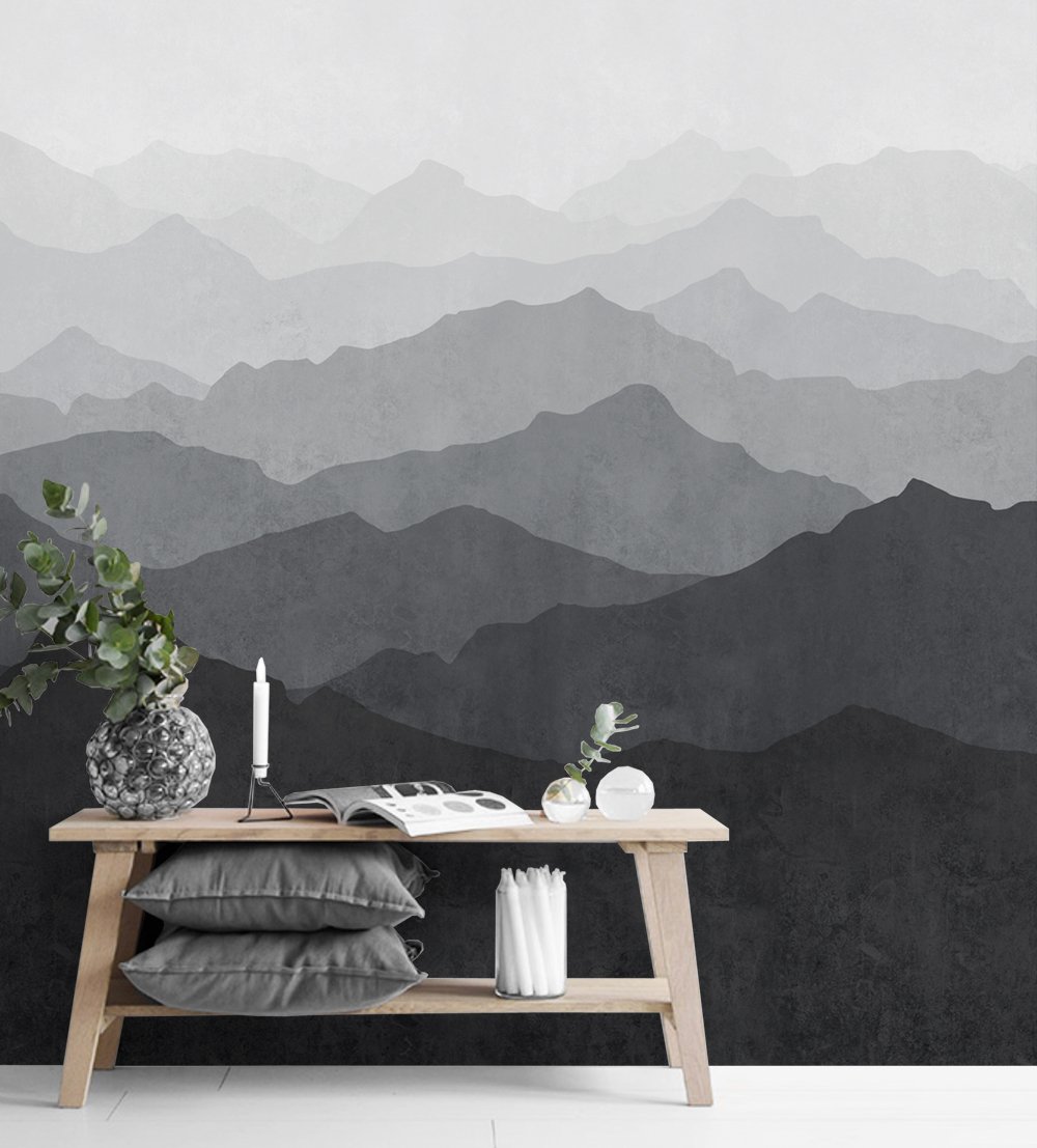 Mountain Mural Wall Art Wallpaper - Mountain Mural Grey , HD Wallpaper & Backgrounds