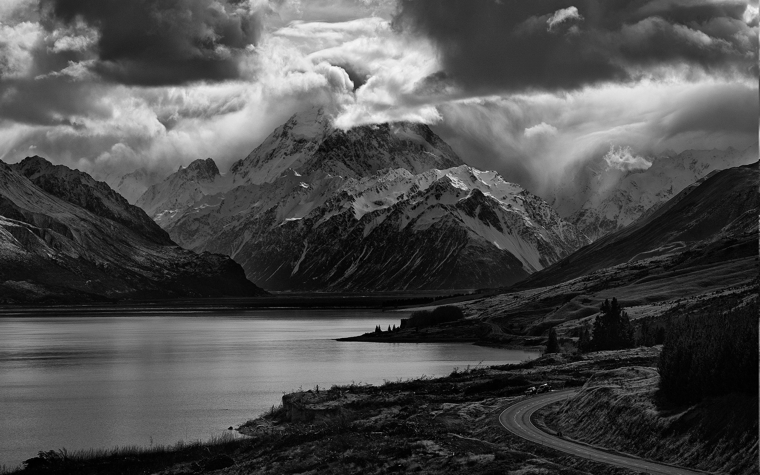 Nature, Landscape, Lake, Mountain, Road, Clouds, Monochrome, - Desktop