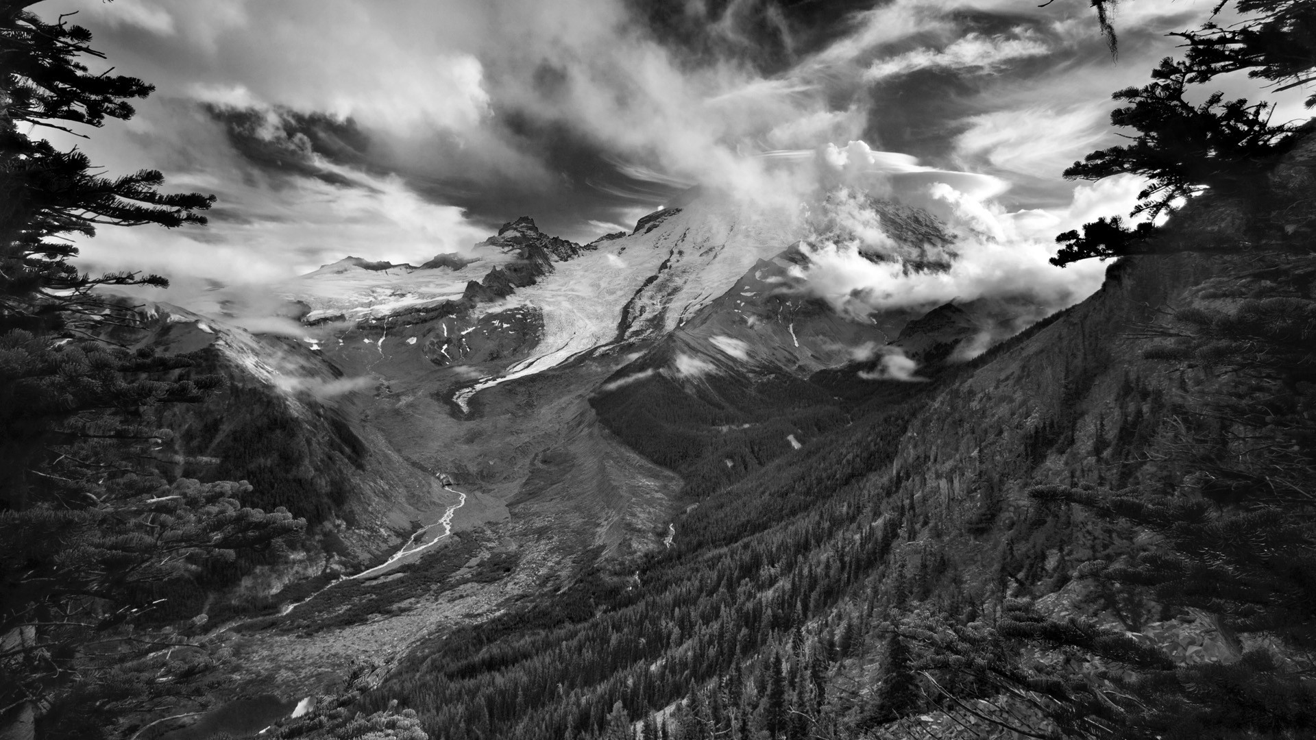 Black White Mountain Forest River Clouds Cool Wallpapers - Black And White Mountain , HD Wallpaper & Backgrounds