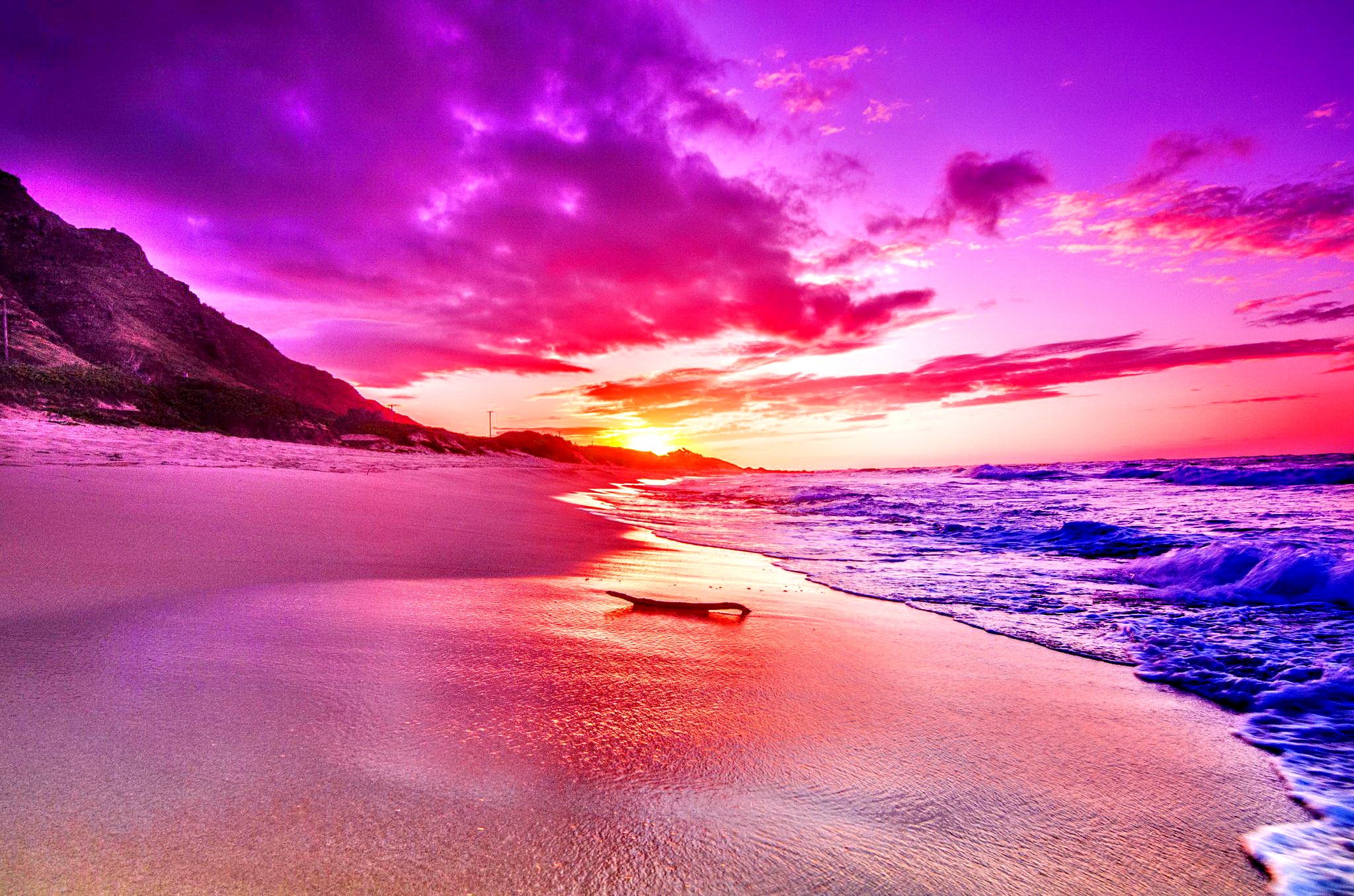 Pink Sea Clou Bright Enchantinf Waves Sky Mountain - Pink Ocean Sunset , HD Wallpaper & Backgrounds