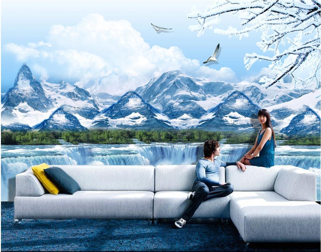 3d Wallpaper Custom Photo Mural Snow Mountain Waterfall - Home Mountain Background , HD Wallpaper & Backgrounds