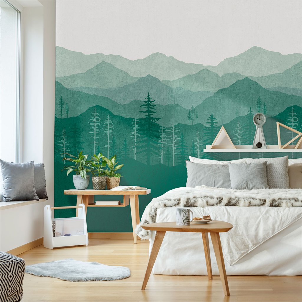 Teal Green Ombré Mountain Mural - Superfresco Scandi Leaf Blue , HD Wallpaper & Backgrounds