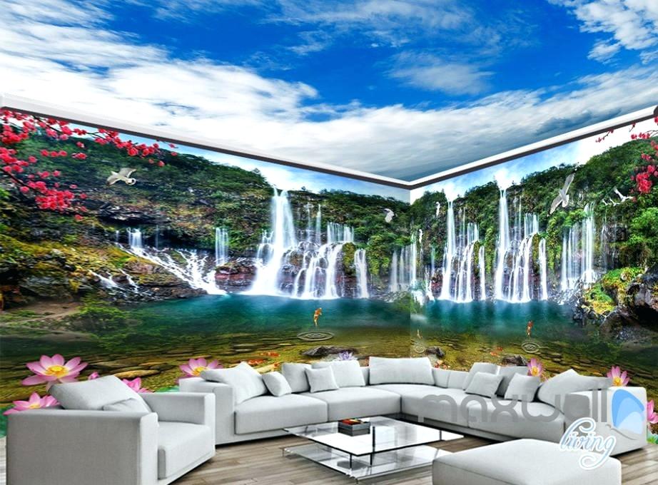 Mural Art Wallpaper D Waterfall Lotus Fish Mountain - Waterfall Wallpaper For Room , HD Wallpaper & Backgrounds