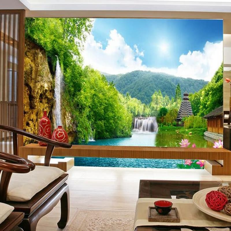 Custom 3d Non-woven Mural Wallpaper Mountain Waterfall - Beautiful Scenery , HD Wallpaper & Backgrounds