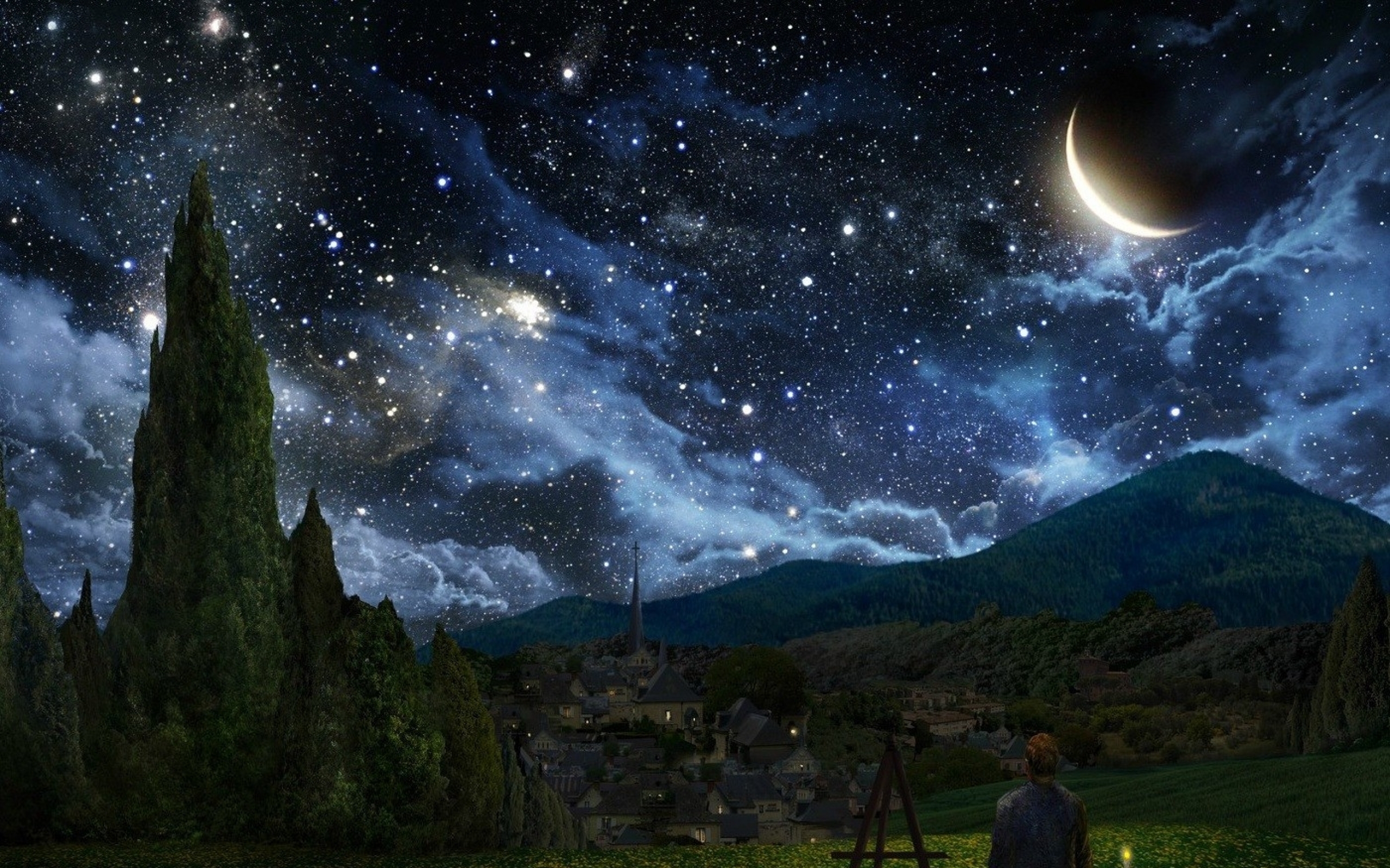 Crescent Moon Wallpaper Free Download - Painting Of Van Gogh Painting Starry Night , HD Wallpaper & Backgrounds