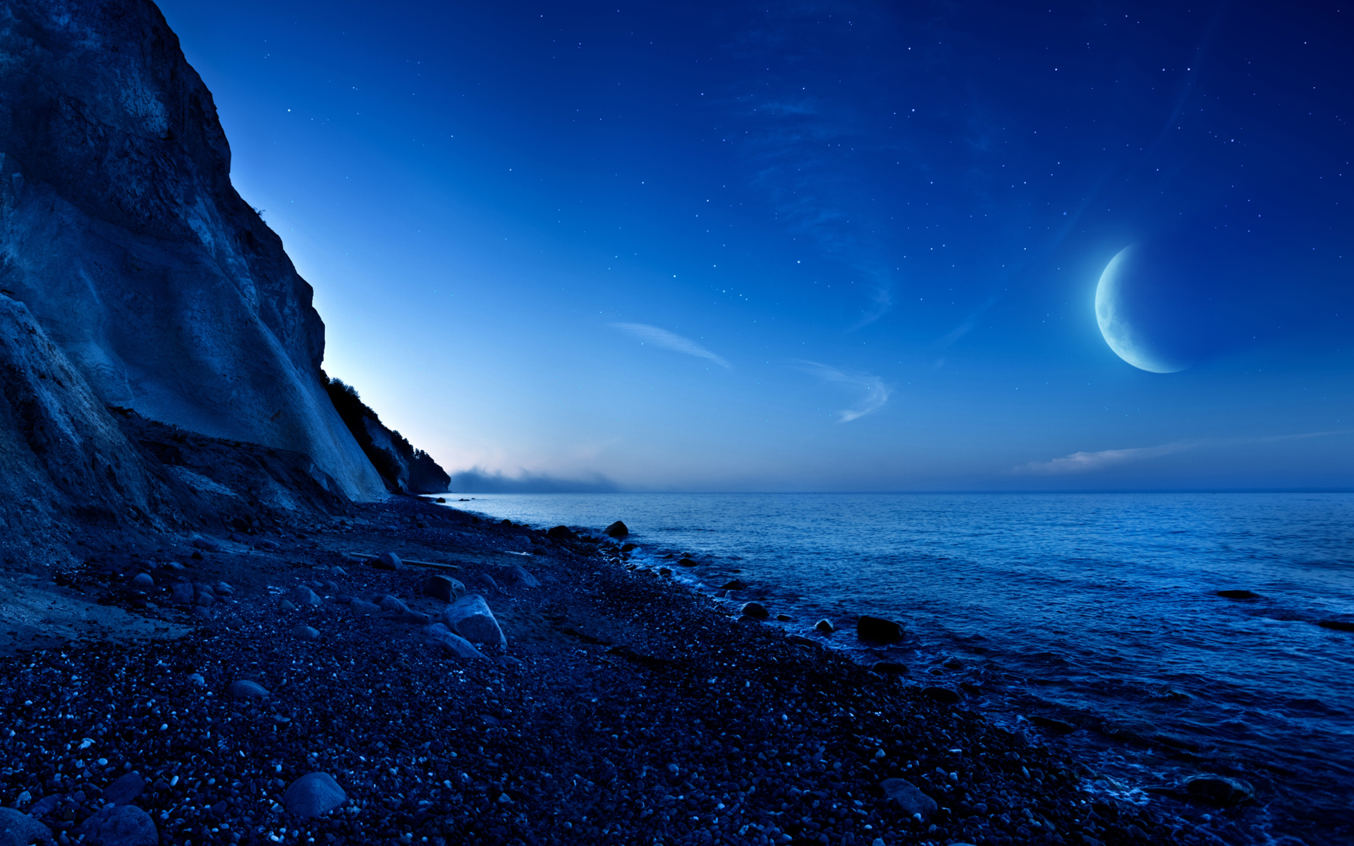 Nightfall Mountain Sea Moon Wallpaper - Moon Sea Hd , HD Wallpaper & Backgrounds