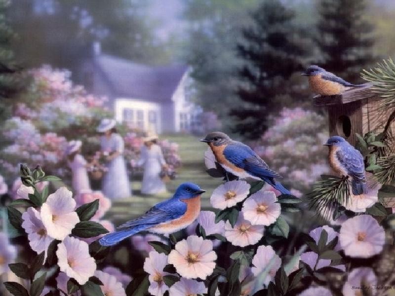 Birds Day Bushels Mom Trees Blossoms House Spring Beautiful - Four Spring Birds , HD Wallpaper & Backgrounds