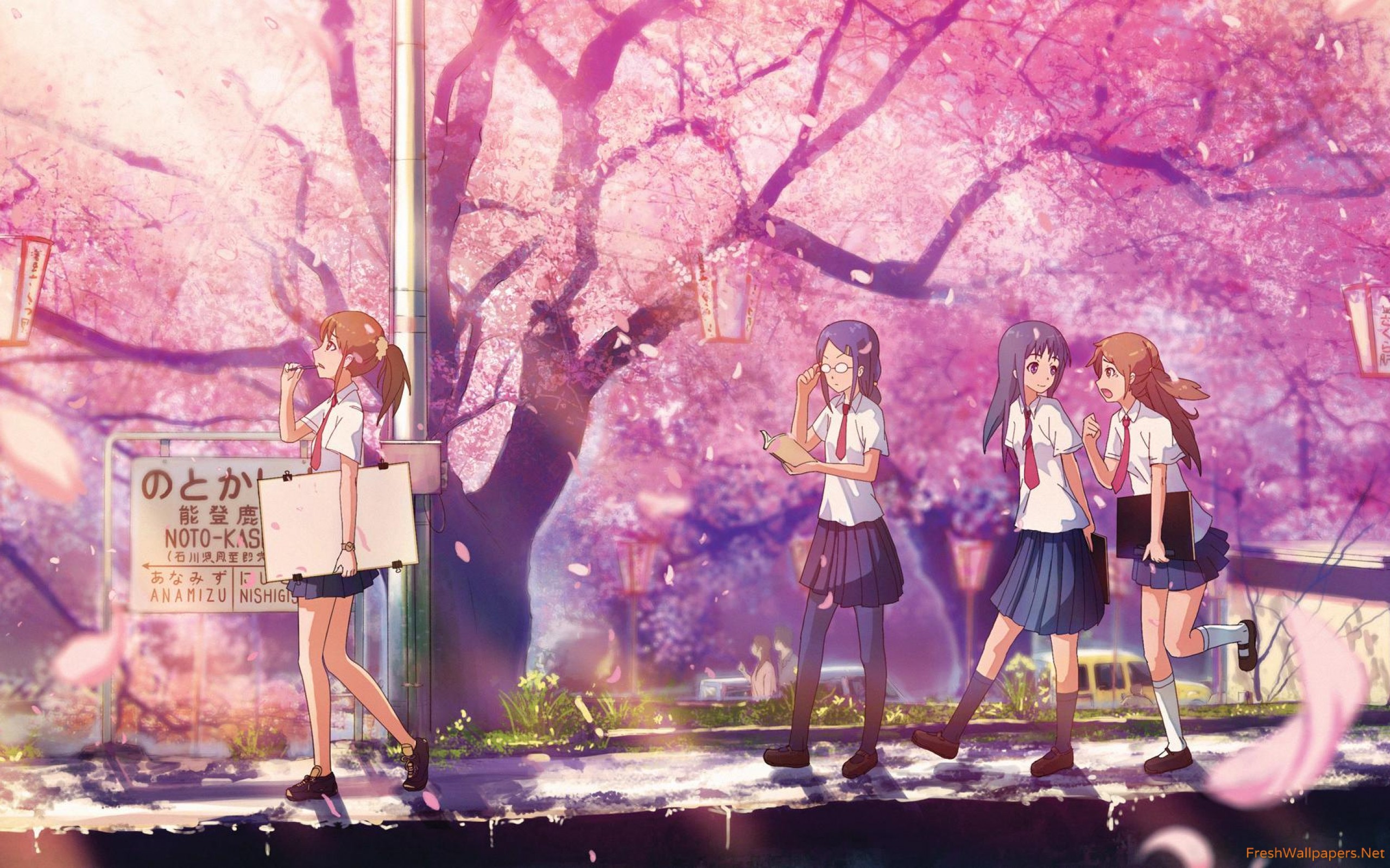School Girls On A Spring Day Wallpaper - Anime Sakura Tree Drawing , HD Wallpaper & Backgrounds