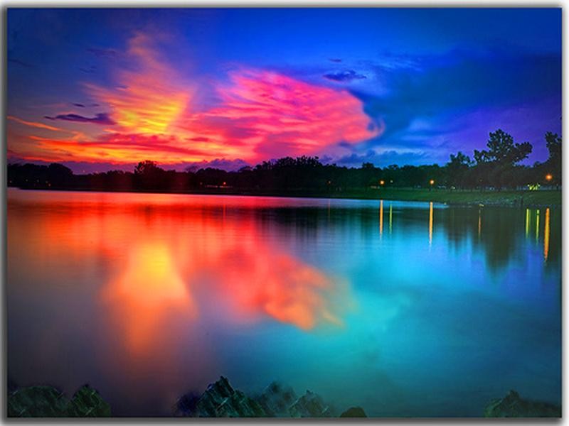 Trees Flare Orange Twilight Lake Blue Shore Pink Sky - Sunset Orange ...