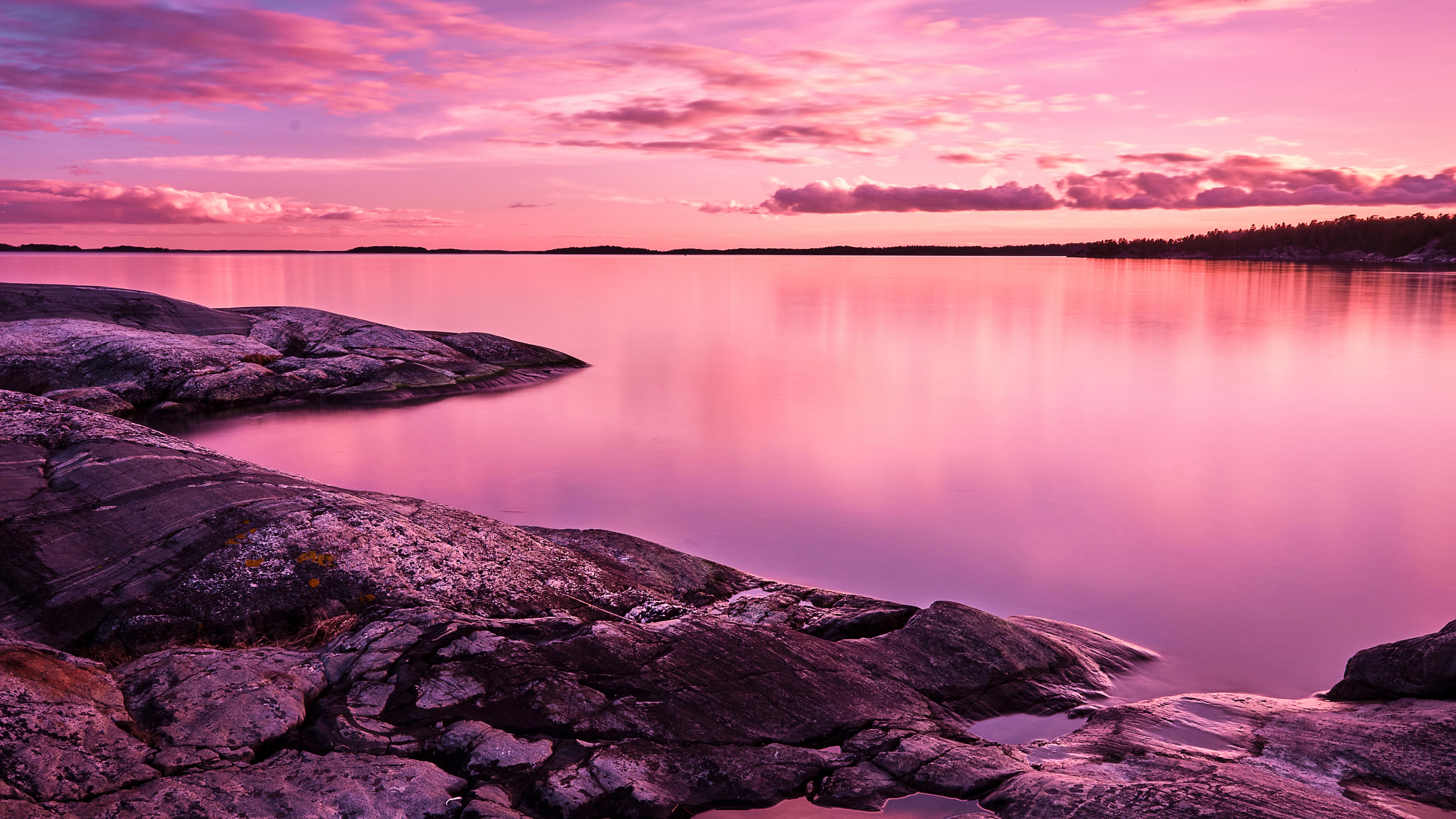 Sunset, Scenery, Lake, Rocks, Pink Sky, 4k, 8k - 8k Resolution , HD Wallpaper & Backgrounds