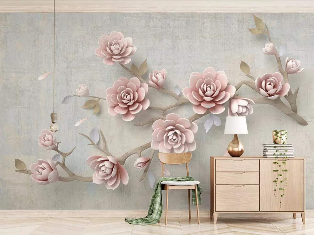 Wall Mural Flower Pink Three Dimensional Embossed Branches - Gray Gold And Marble Living Room , HD Wallpaper & Backgrounds