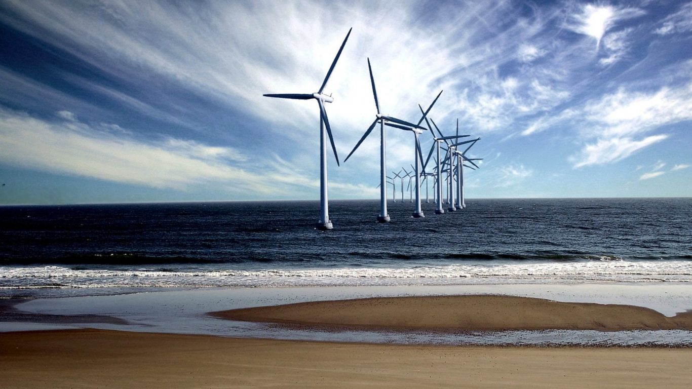 Off Turbine Turbines Line Sea Clouds Shore Beach Windmills - Windmill At The Beach , HD Wallpaper & Backgrounds