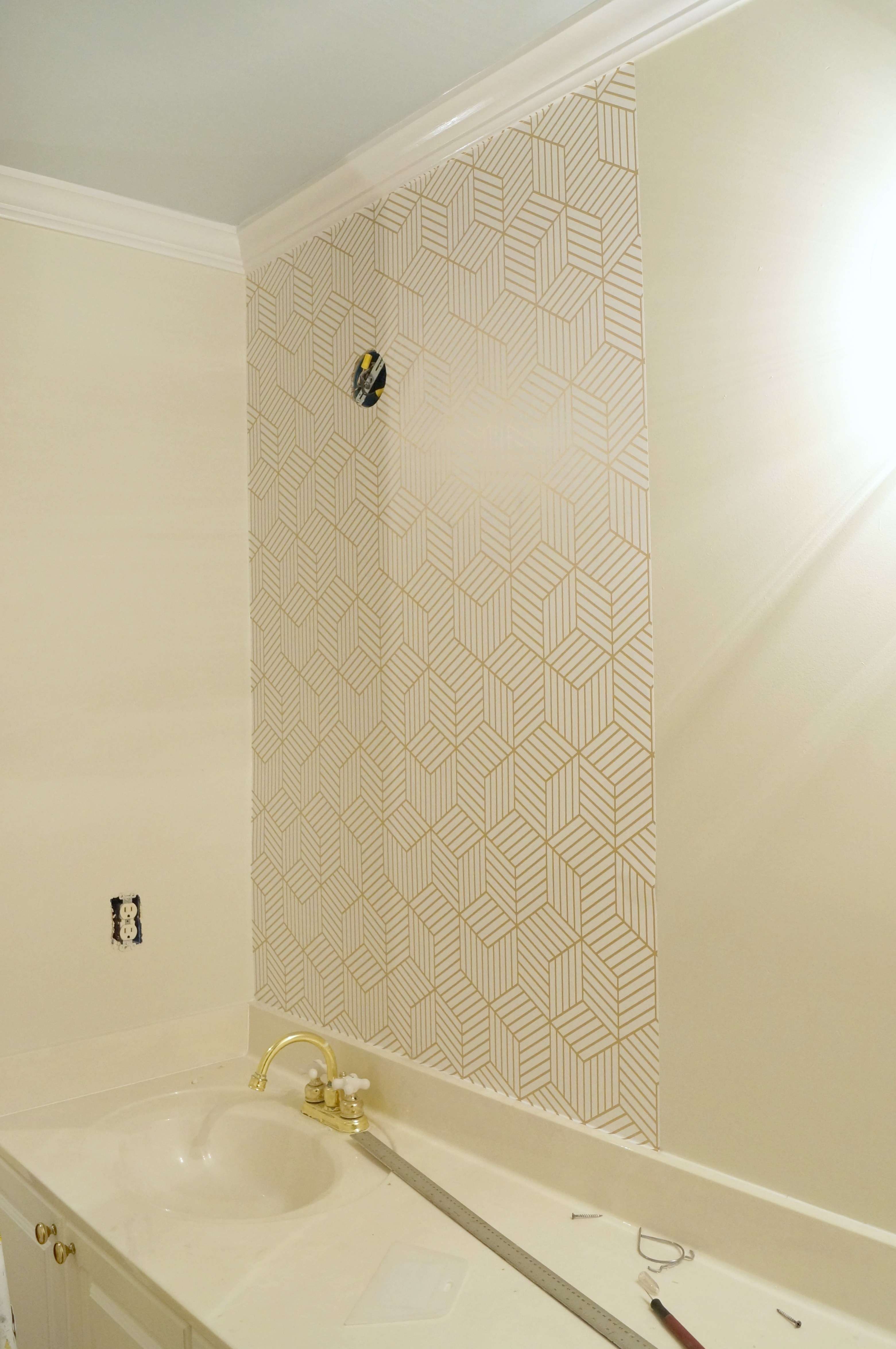 For The All Behind The Vanity I Used A Stripped Hexagon - Bathroom , HD Wallpaper & Backgrounds