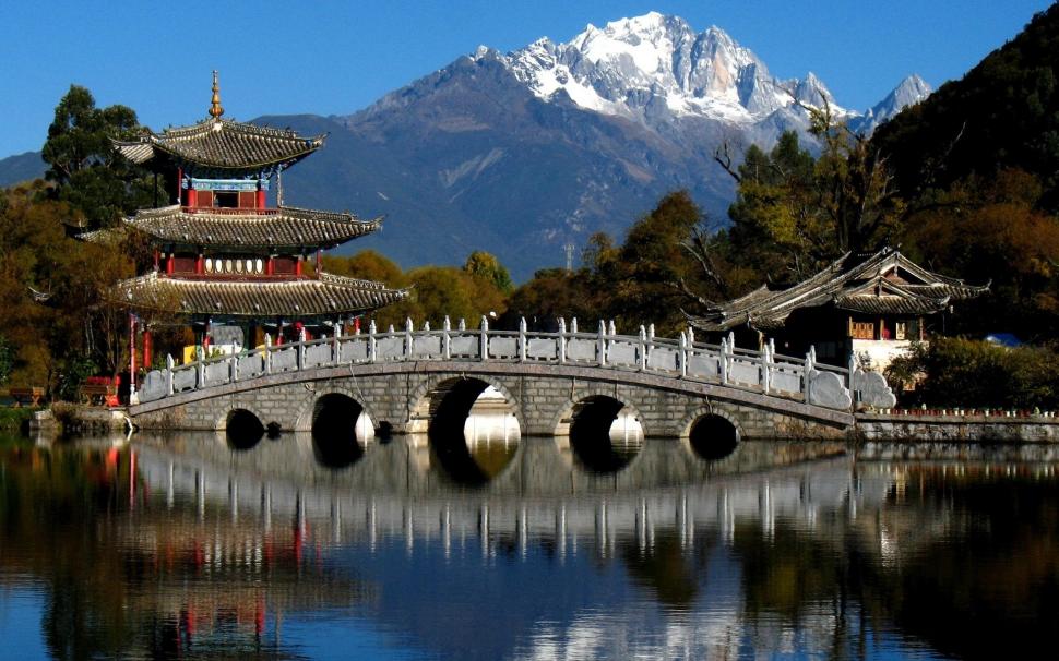 Bridge Asian Reflection Mountain Hd Wallpaper - Five Spring Mountain Park China , HD Wallpaper & Backgrounds