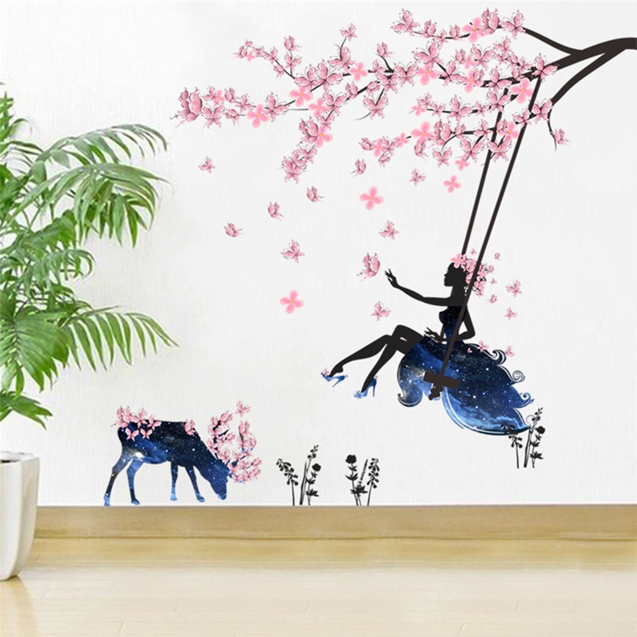 1 Set Romantic Flower Fairy Girl Butterfly Deer Swing - Fairy Tree Wall Stickers , HD Wallpaper & Backgrounds