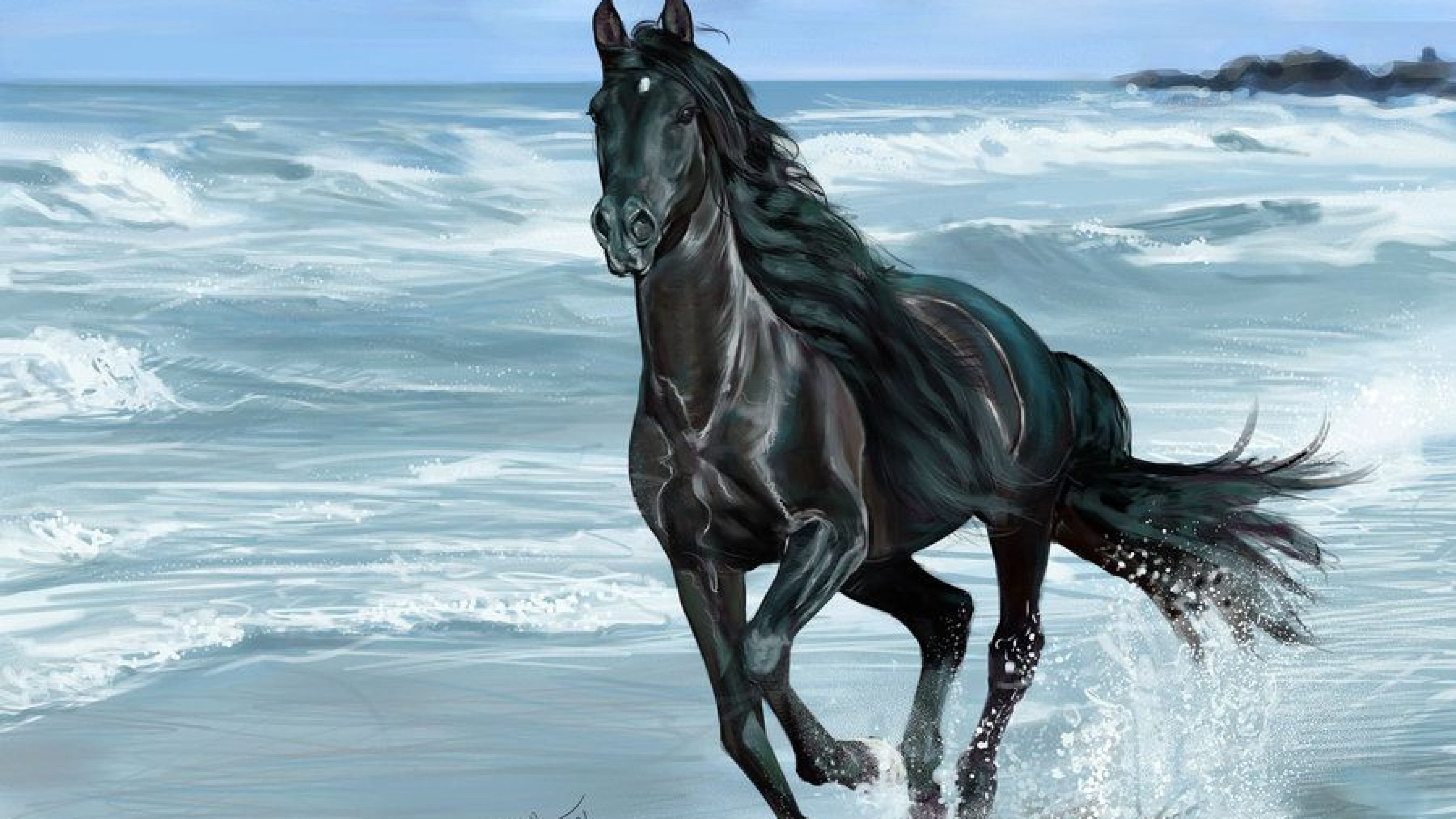 5k Painting Art Of Black Horse Running On Beach - Black Horse On Beach , HD Wallpaper & Backgrounds