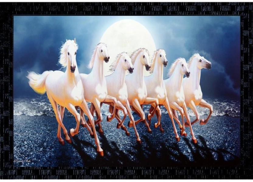 Janki Lucky Seven White Running Horses Vastu Wall Painting - Herd , HD Wallpaper & Backgrounds