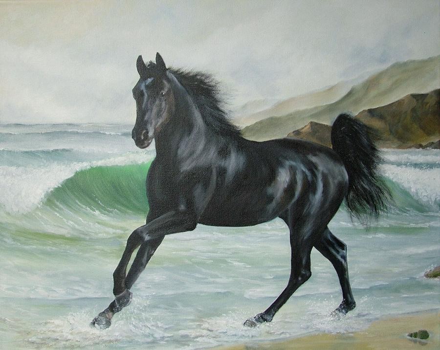 Water Animals Mountain Black Beach Arabian Horses Free - Black Arabian Horse Painting , HD Wallpaper & Backgrounds