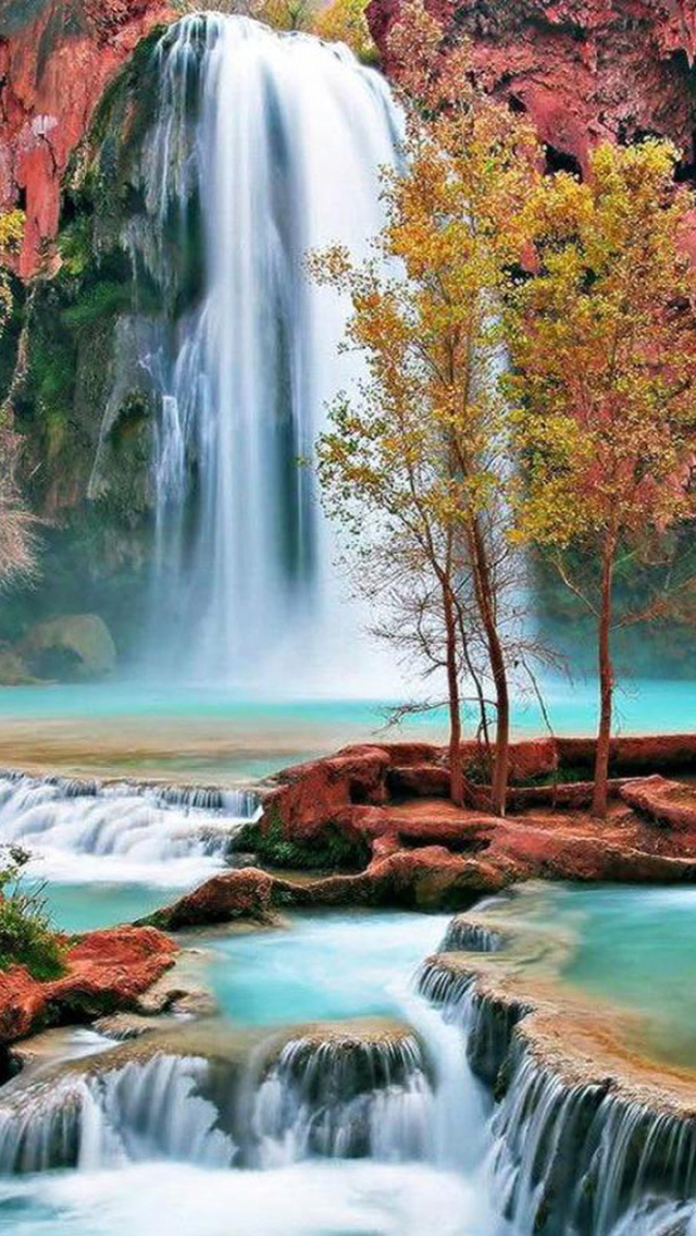 Autumn Waterfall Landscape Iphone Se Wallpaper - Havasu Falls , HD Wallpaper & Backgrounds