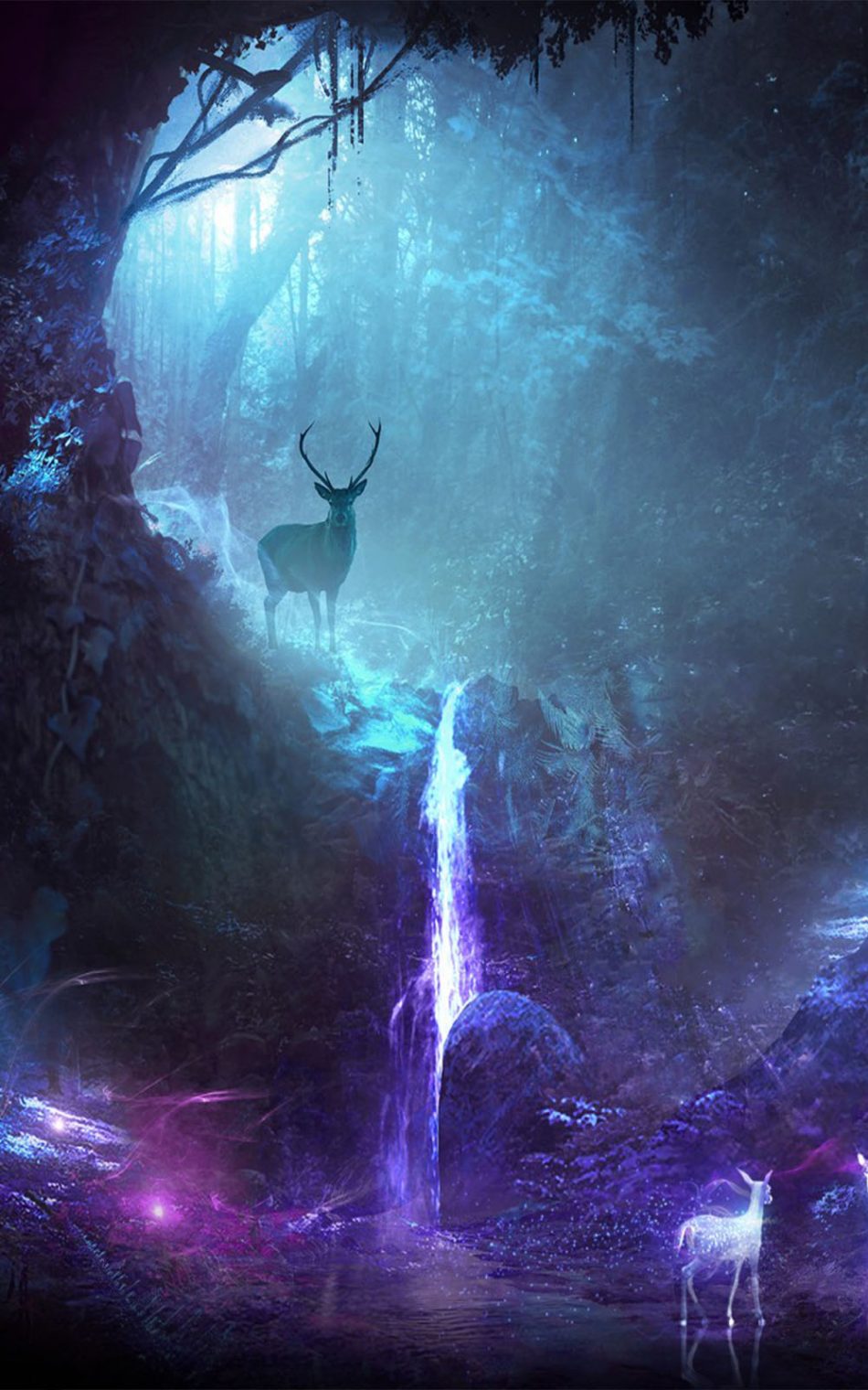 Deers Waterfall Neon Cgi Hd Mobile Wallpaper - Waterfall Night , HD Wallpaper & Backgrounds