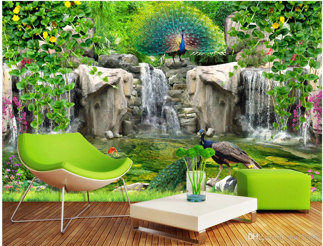 3d Wallpaper Custom Photo Mural Fresh Rockery Peacock - Waterfall Wallpaper For Living Room , HD Wallpaper & Backgrounds