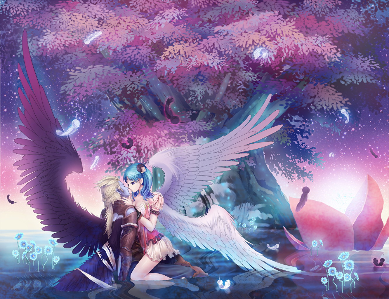 Anime Angel And Demon Lovers , HD Wallpaper & Backgrounds