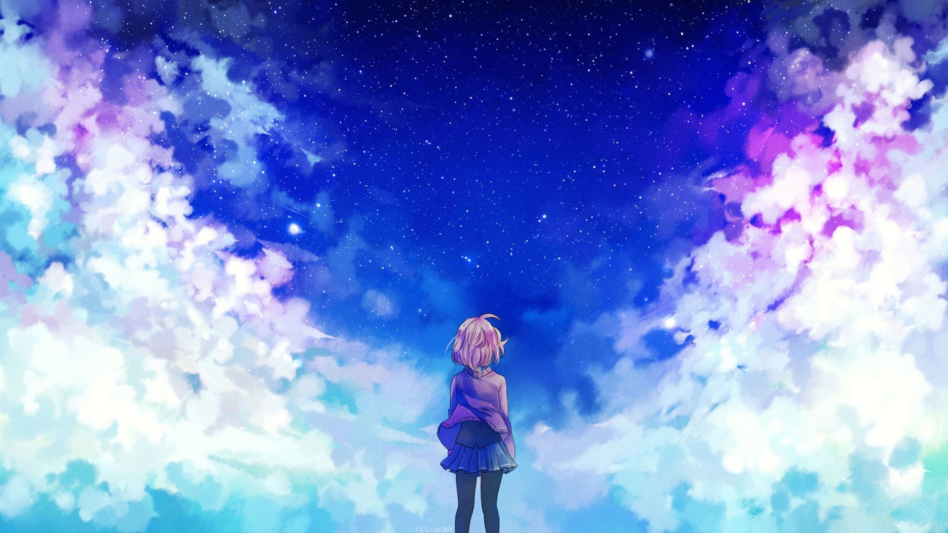 Anime Anime Girls Clouds Stars Kyoukai No Kanata Kuriyama - Anime Girl Looking At The Sky , HD Wallpaper & Backgrounds