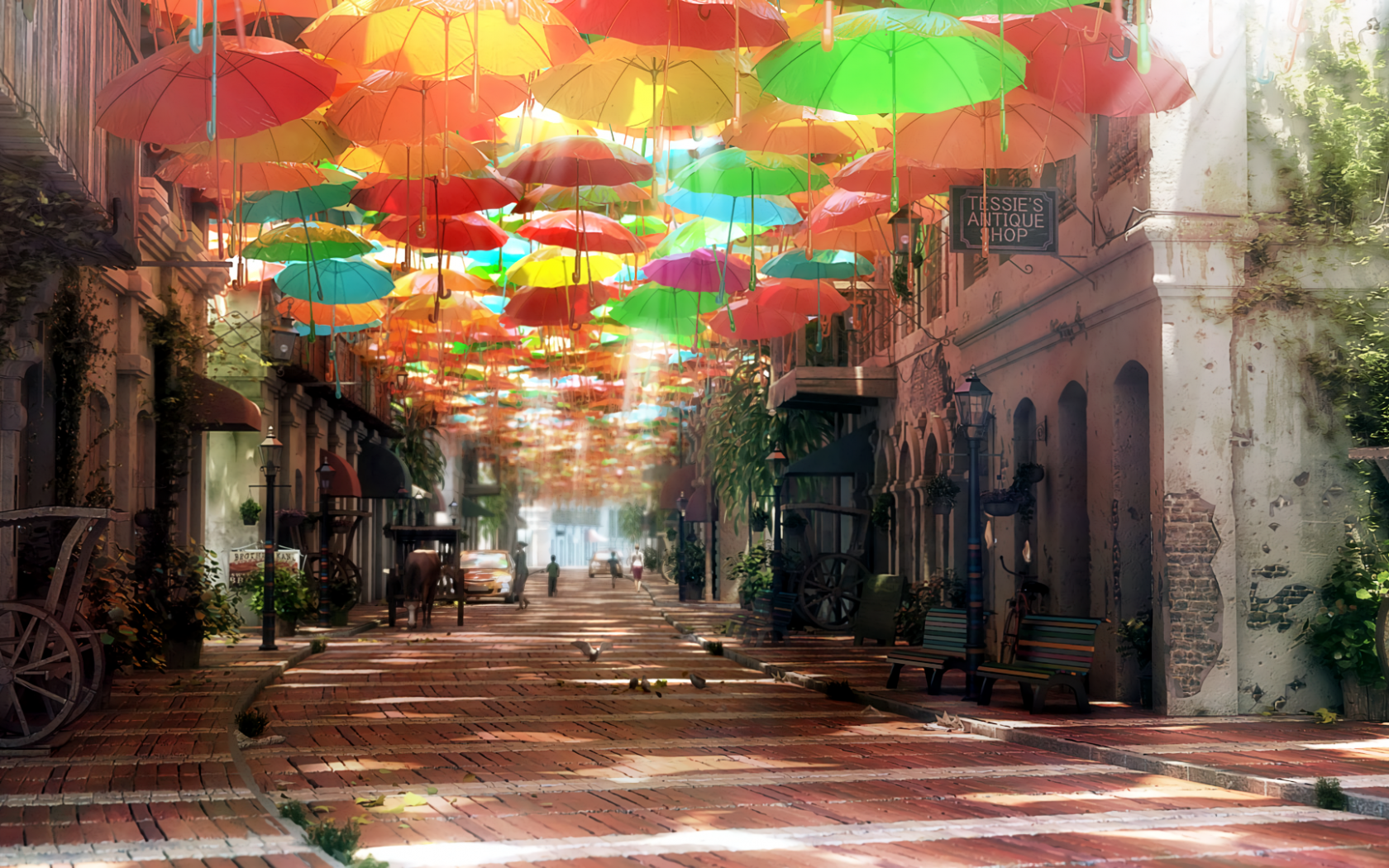 Anime Landscape, Scenic, Umbrellas, 3d, Realistic - Umbrellas Hd , HD Wallpaper & Backgrounds