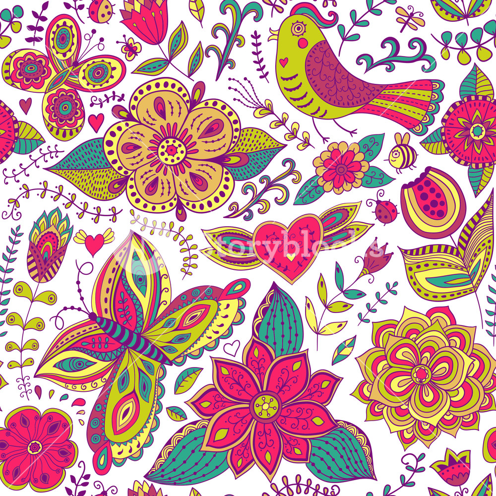 Seamless Floral Colorido Em Estilo Cartoon - Motif Fauna Dan Flora , HD Wallpaper & Backgrounds