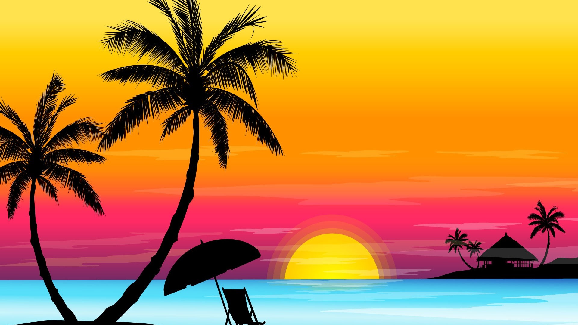 Palm Tree Sunset Wallpaper - 3d Wallpaper Widescreen High Resolution Beach , HD Wallpaper & Backgrounds