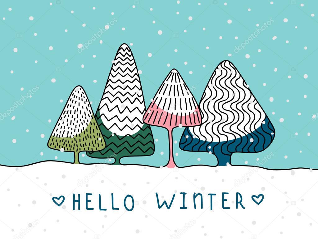 Vector Card With Funny Hand Drawn Winter Forest In - Hello Winter Snow , HD Wallpaper & Backgrounds