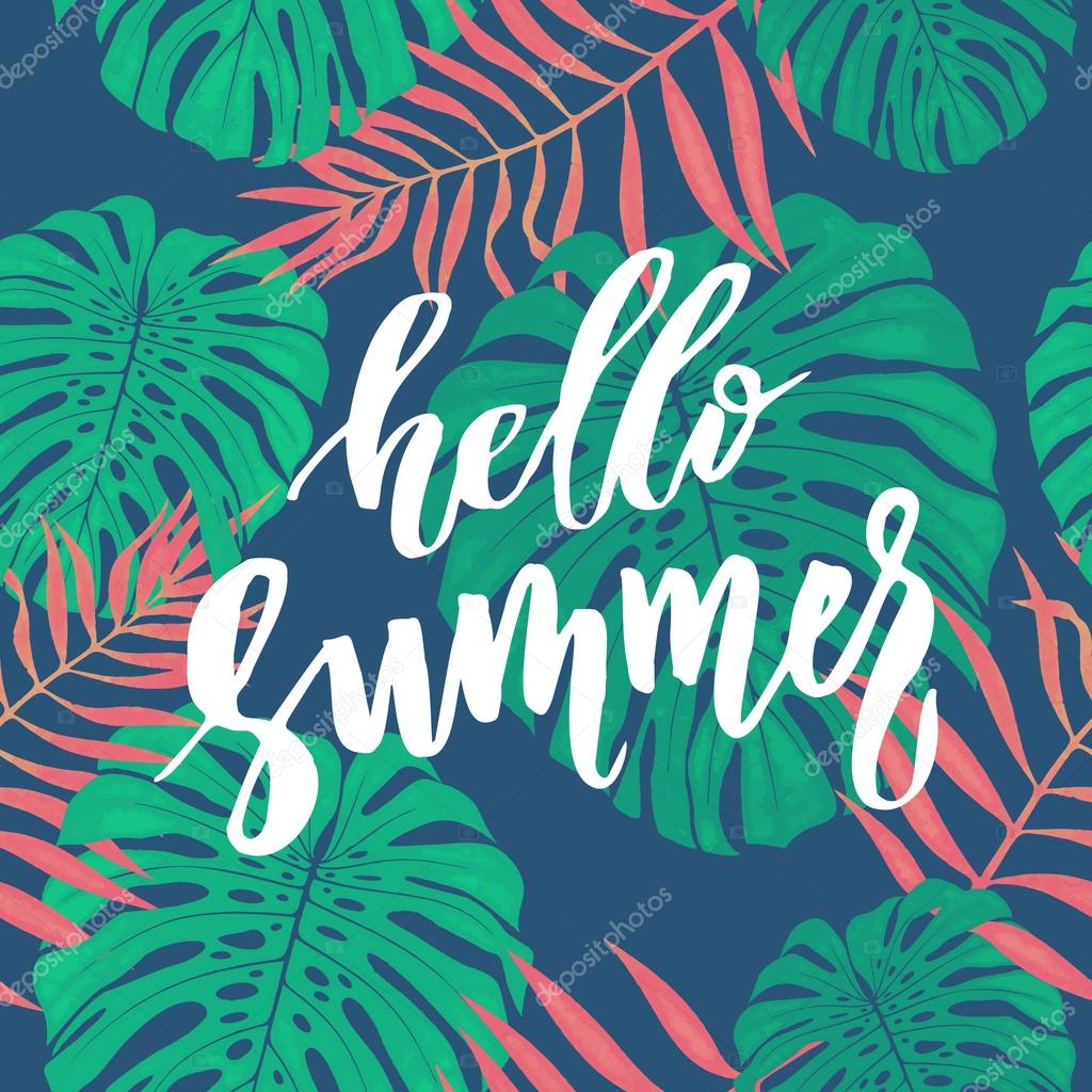 Hello Summer Card With Tropical Leaf Seamless Pattern - Jungle Pattern Vector , HD Wallpaper & Backgrounds