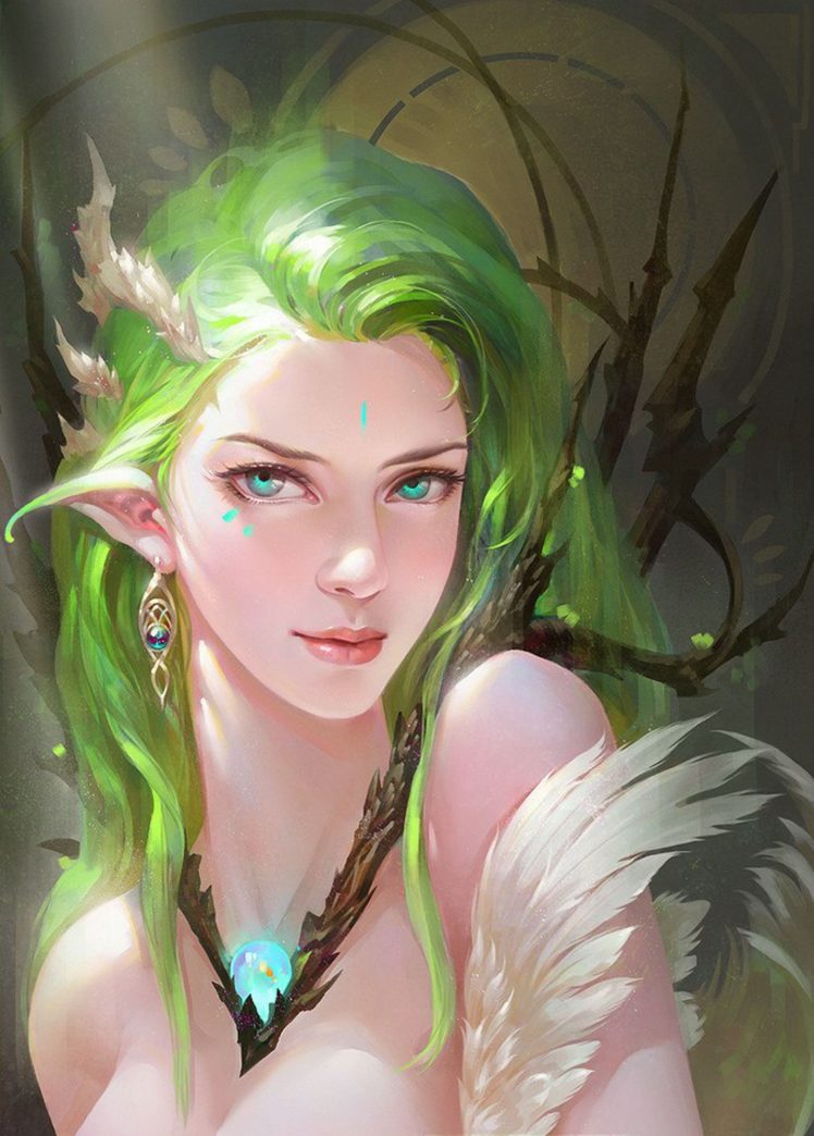 Fantasy, Girl, Blue, Eyes, Hair, Long, Beautiful, Elf, - Elf With Green Hair , HD Wallpaper & Backgrounds