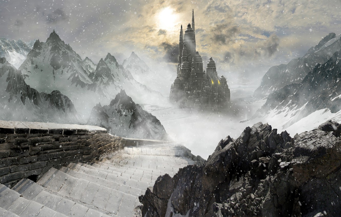 Photo Wallpaper Snow, Mountains, Castle, Rocks, Ice, - Fantasy Mountain Ice Castle , HD Wallpaper & Backgrounds