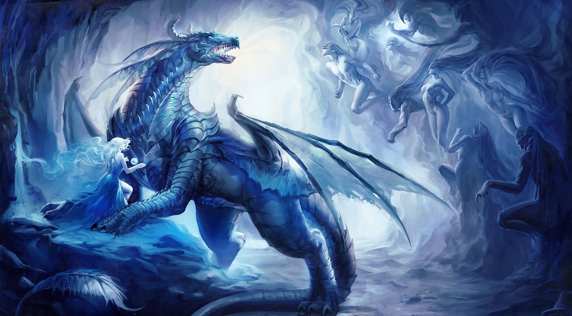 Dragon Ice Women Fantasy Art Wallpaper And Background - Ice Dragon Fantasy Art , HD Wallpaper & Backgrounds